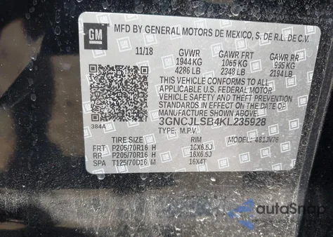 2019 Chevrolet Trax Lt из США, поврежденный, VIN 3GNCJLSB4KL235928